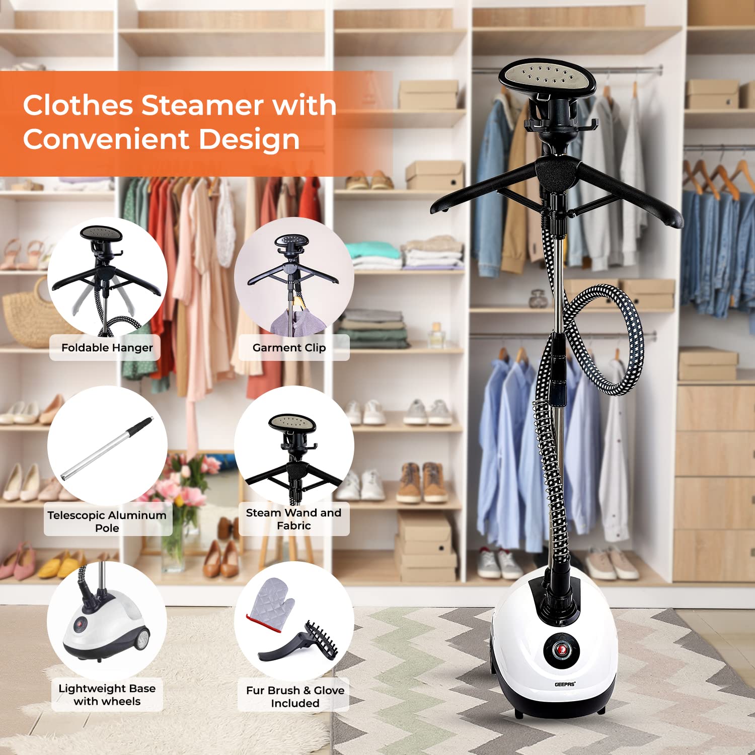 Geepas 1580 W Garment Steamer, 1.8L Water Tank, White/Black جهاز كي بالبخار عمودي للملابس من جيباس، قدرة 1580 واط Geepas 1580 W Garment Steamer, 1.8L Water Tank, White/Black جهاز كي بالبخار عمودي للملابس من جيباس، قدرة 1580 واط